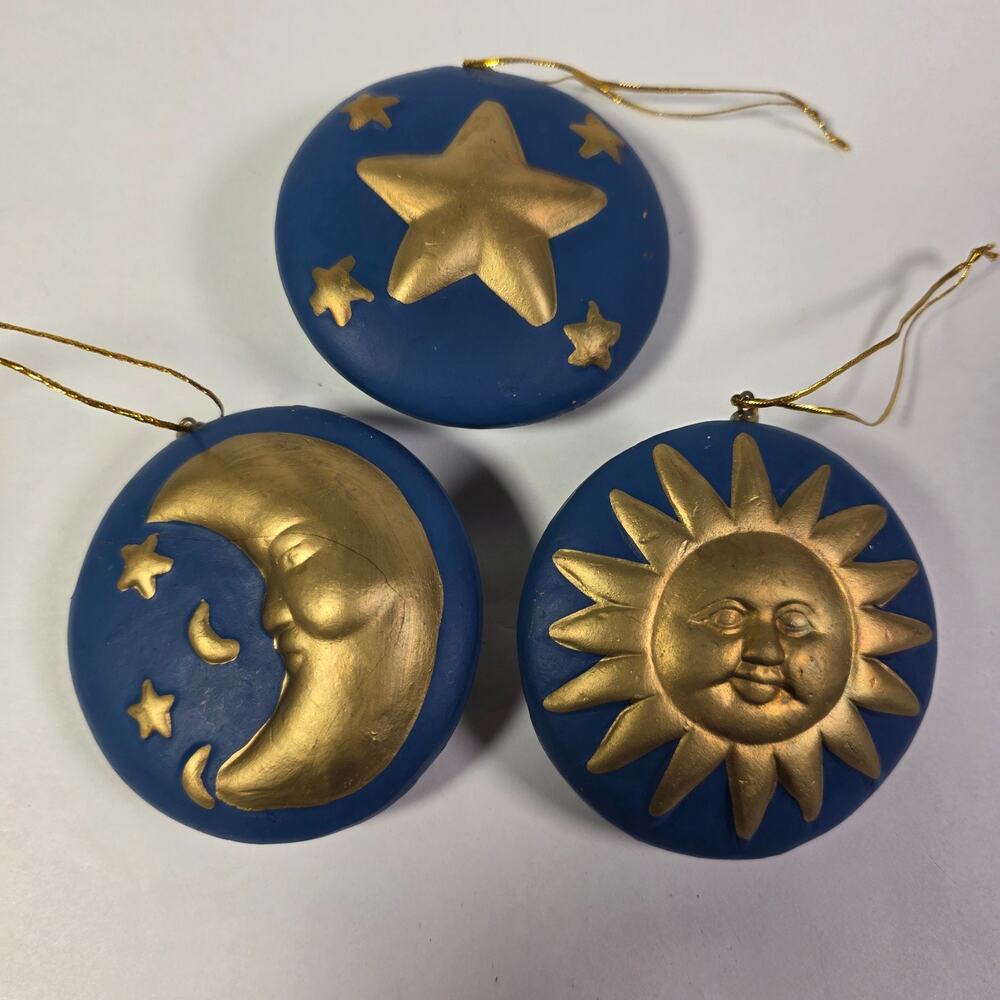 Vintage Celestial Sun Moon Star Ornaments Blue Gold Set of 3 Holiday Decor-Read